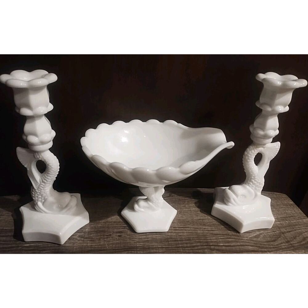 VTG MCM Westmoreland Milk Glass Dolphin/Koi Pedestal Shell Bowl Candleholder Set